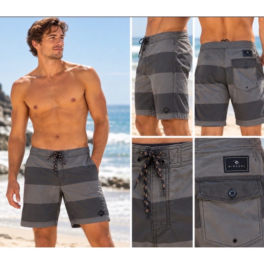 Rip Curl Surf Craft Mens Striped Board Shorts Grey Charcoal Size 31